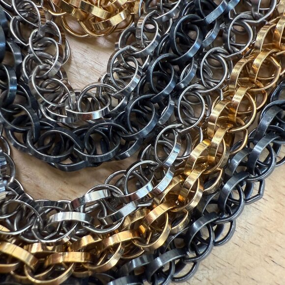 Multi-Tone Layered Chain Necklace Gold Silver & Black Metal Bold Statement - Picture 9 of 9